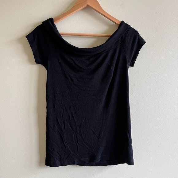 ASOS Ribbed Wrap Cowl Neck Top Knit Black Short Sleeve Womens Size 10 - Picture 4 of 4